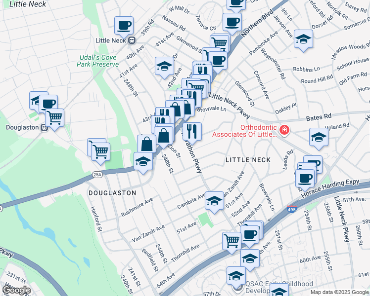 map of restaurants, bars, coffee shops, grocery stores, and more near 46-04 Marathon Parkway in Queens