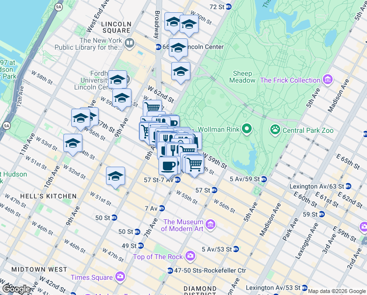 map of restaurants, bars, coffee shops, grocery stores, and more near 210 Central Park South in New York