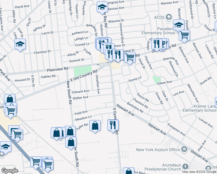 map of restaurants, bars, coffee shops, grocery stores, and more near 6 Edward Avenue in Hicksville