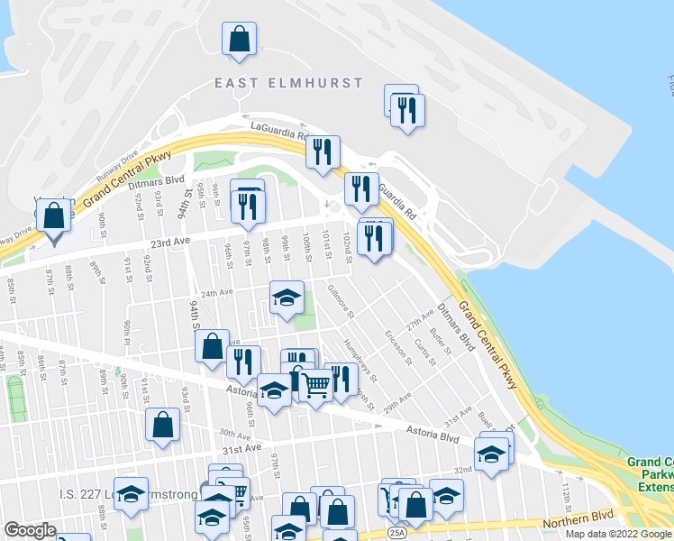 map of restaurants, bars, coffee shops, grocery stores, and more near 23-65 101st Street in Queens