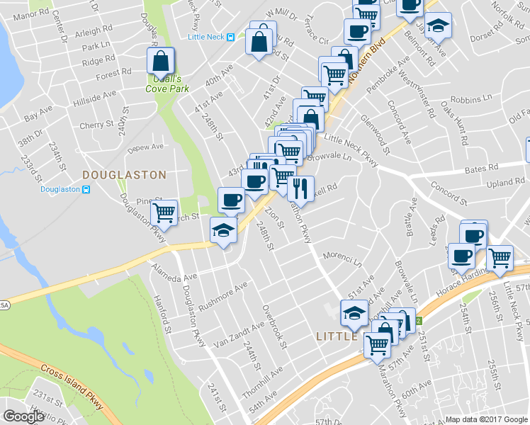 map of restaurants, bars, coffee shops, grocery stores, and more near 248-10 Northern Boulevard in Queens