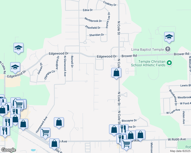map of restaurants, bars, coffee shops, grocery stores, and more near 2062 Brookhaven Dr in Lima