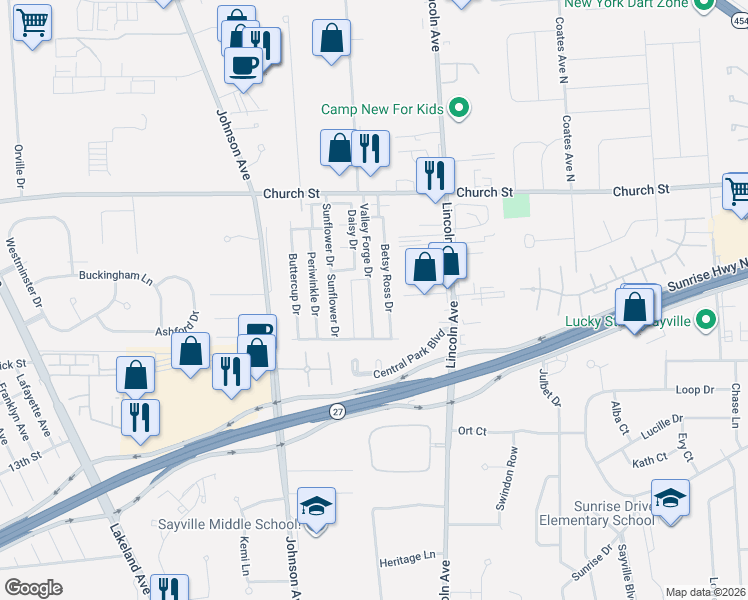 map of restaurants, bars, coffee shops, grocery stores, and more near 53 Valley Forge Drive in Bohemia