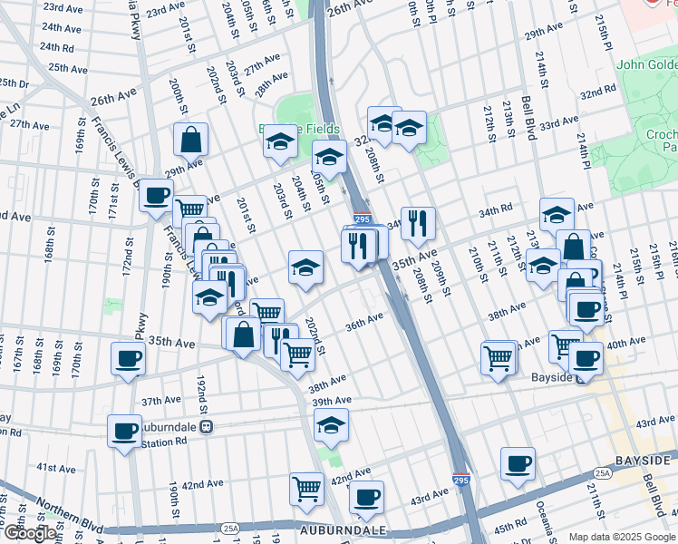 map of restaurants, bars, coffee shops, grocery stores, and more near 34-27 204th Street in Queens