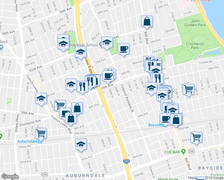 map of restaurants, bars, coffee shops, grocery stores, and more near 35-15 208th Street in Queens