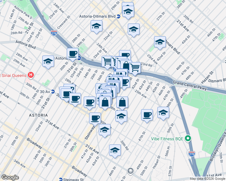 map of restaurants, bars, coffee shops, grocery stores, and more near 81 Steinway Street in Queens