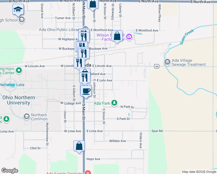map of restaurants, bars, coffee shops, grocery stores, and more near 302 East University Avenue in Ada