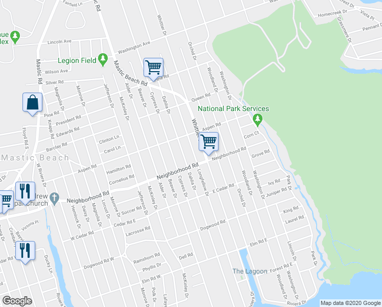 map of restaurants, bars, coffee shops, grocery stores, and more near 136 Longfellow Drive in Mastic Beach