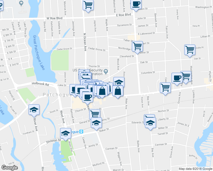map of restaurants, bars, coffee shops, grocery stores, and more near 26 Maple Avenue in Patchogue