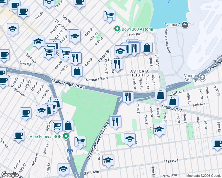 map of restaurants, bars, coffee shops, grocery stores, and more near 22-41 73rd Street in Queens