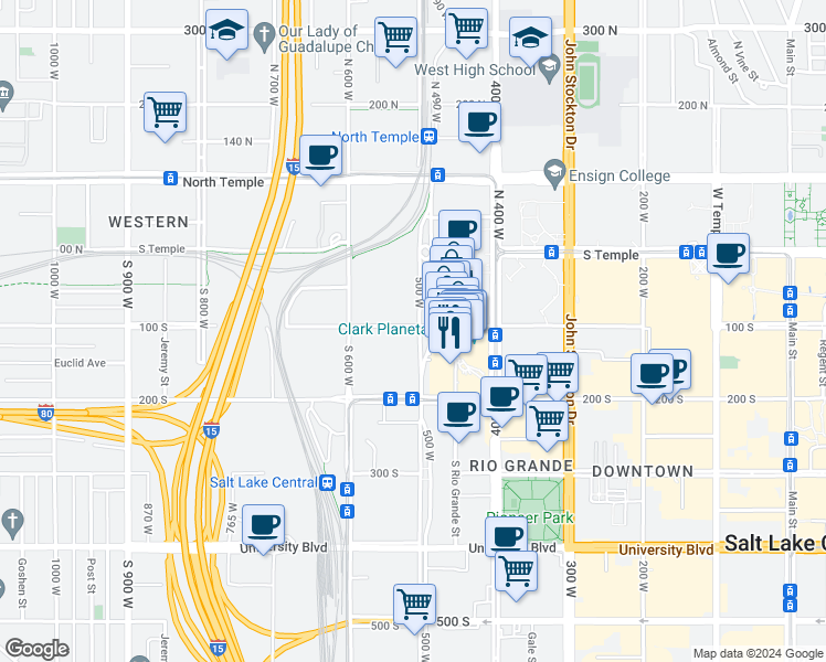 map of restaurants, bars, coffee shops, grocery stores, and more near 505 West 100 South in Salt Lake City