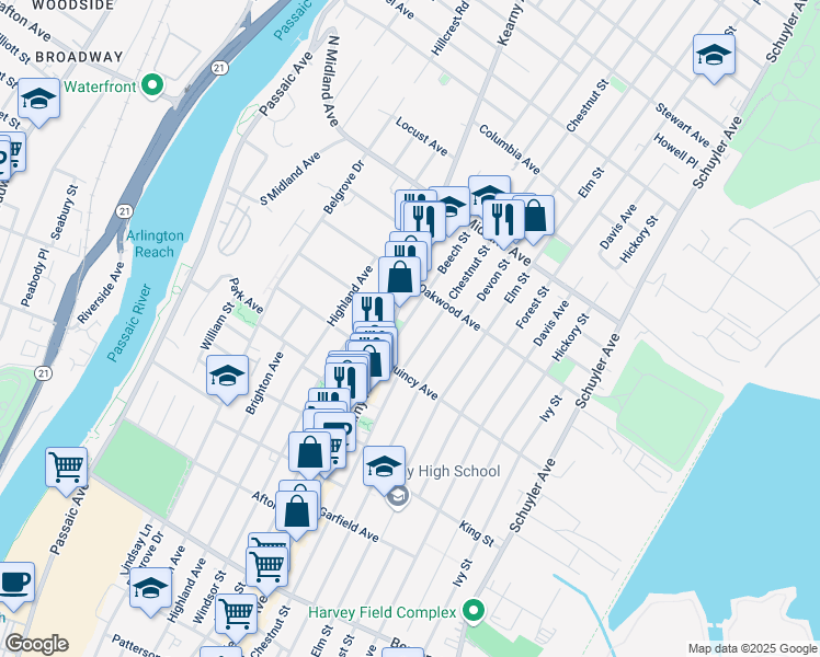 map of restaurants, bars, coffee shops, grocery stores, and more near 34 Beech Street in Kearny