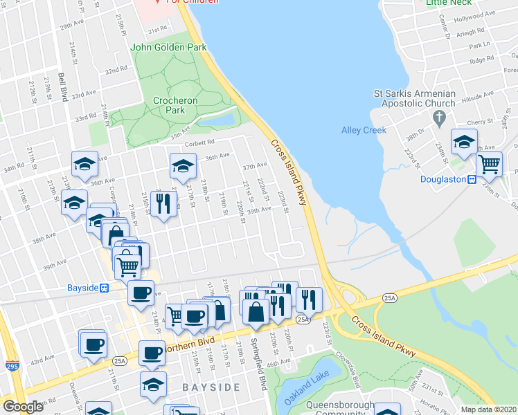 map of restaurants, bars, coffee shops, grocery stores, and more near 221-03 39th Avenue in Queens