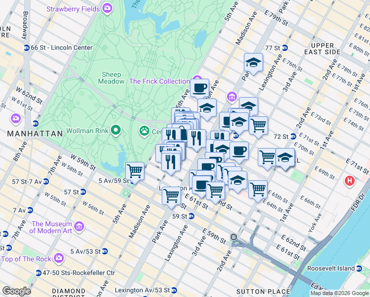 map of restaurants, bars, coffee shops, grocery stores, and more near 42A East 65th Street in New York