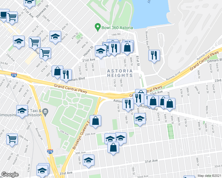 map of restaurants, bars, coffee shops, grocery stores, and more near 22-49 76th Street in Queens