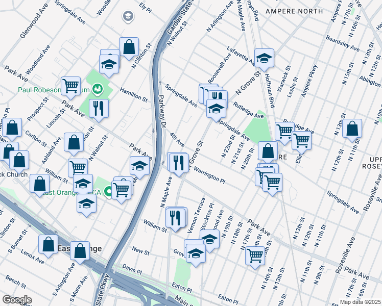 map of restaurants, bars, coffee shops, grocery stores, and more near 288 North Maple Avenue in East Orange