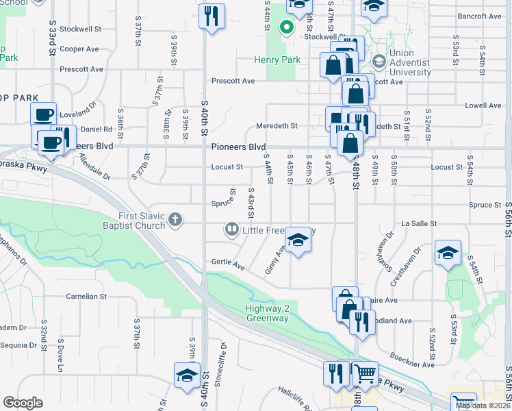 map of restaurants, bars, coffee shops, grocery stores, and more near 4600 South 43rd Street in Lincoln