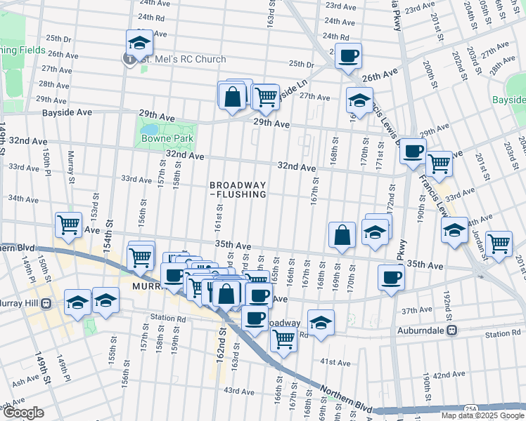 map of restaurants, bars, coffee shops, grocery stores, and more near 33-26 164th Street in Queens