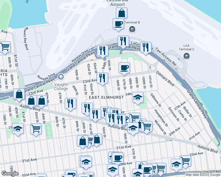 map of restaurants, bars, coffee shops, grocery stores, and more near 23-42 95th Street in Queens