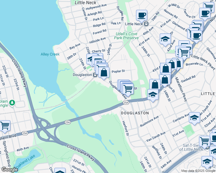 map of restaurants, bars, coffee shops, grocery stores, and more near 43-14 Douglaston Parkway in Queens