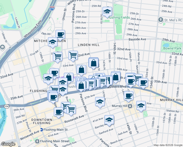 map of restaurants, bars, coffee shops, grocery stores, and more near 34-5 146th Street in Queens
