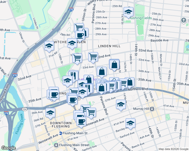 map of restaurants, bars, coffee shops, grocery stores, and more near in Queens