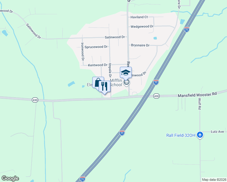 map of restaurants, bars, coffee shops, grocery stores, and more near 458 Impala Drive in Mansfield