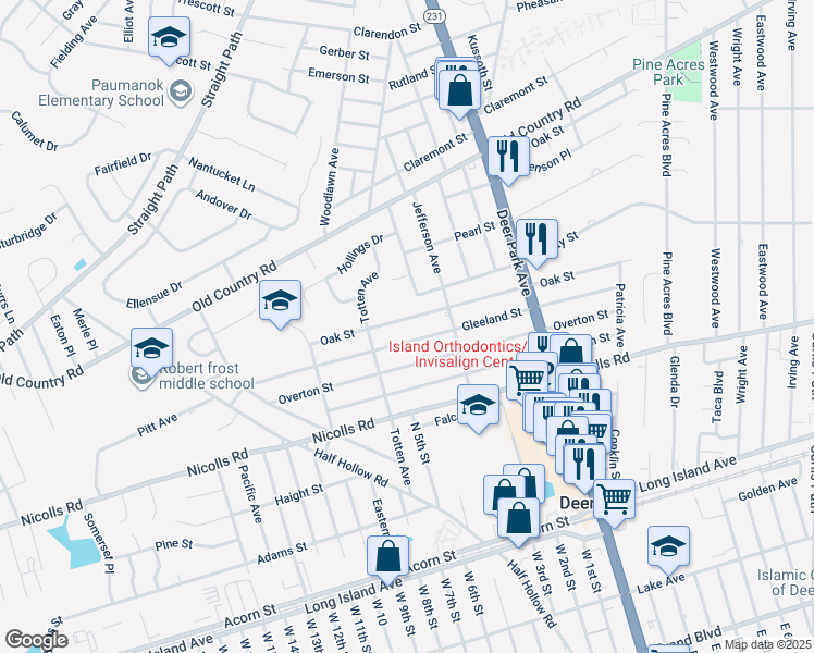 map of restaurants, bars, coffee shops, grocery stores, and more near 138 Oak Street in Deer Park