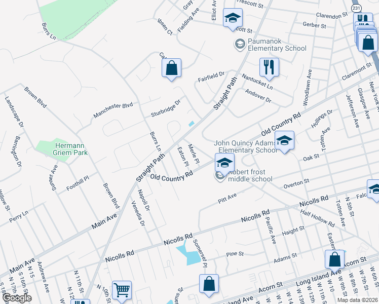 map of restaurants, bars, coffee shops, grocery stores, and more near 18 Merle Place in Deer Park