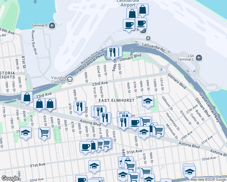 map of restaurants, bars, coffee shops, grocery stores, and more near 23-38 94th Street in Queens