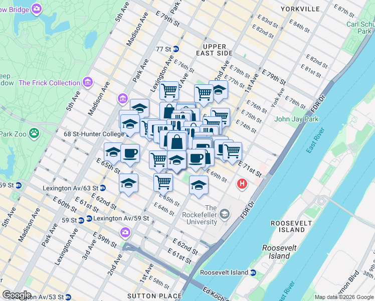 map of restaurants, bars, coffee shops, grocery stores, and more near 310 East 70th Street in New York