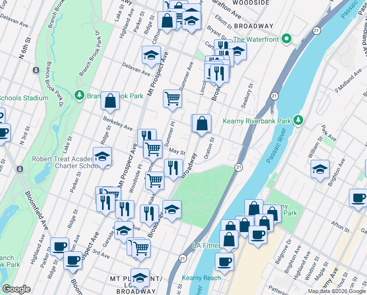 map of restaurants, bars, coffee shops, grocery stores, and more near 21 May Street in Newark