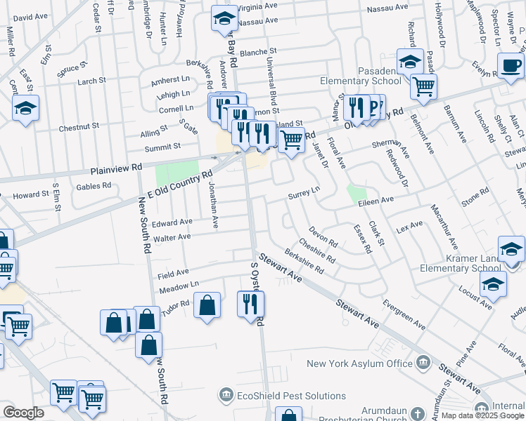 map of restaurants, bars, coffee shops, grocery stores, and more near 8 Berkshire Road in Bethpage