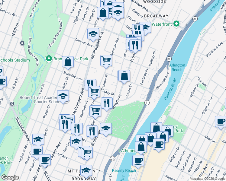 map of restaurants, bars, coffee shops, grocery stores, and more near 21 May Street in Newark
