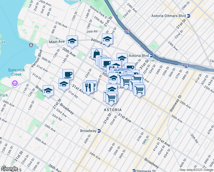 map of restaurants, bars, coffee shops, grocery stores, and more near 25-40 30th Road in Queens