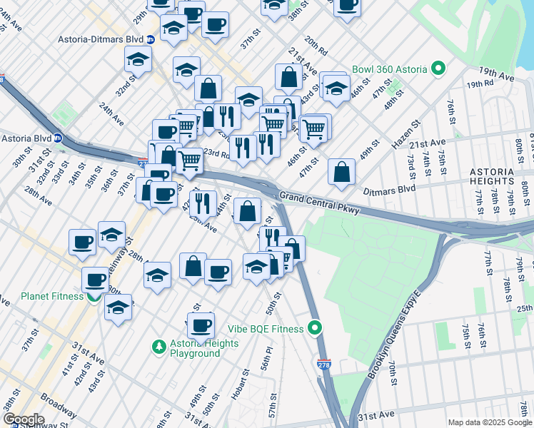 map of restaurants, bars, coffee shops, grocery stores, and more near 24-30 47th Street in Queens