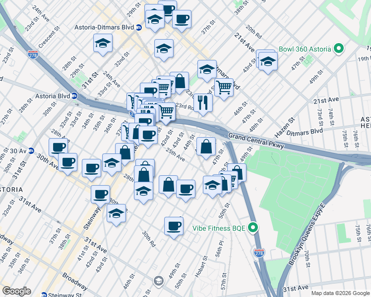 map of restaurants, bars, coffee shops, grocery stores, and more near 2441 44th Street in Queens