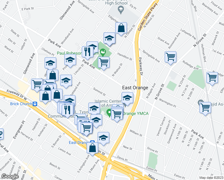 map of restaurants, bars, coffee shops, grocery stores, and more near 14 Summit Street in East Orange