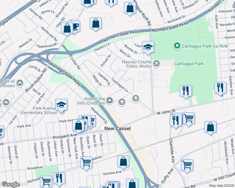 map of restaurants, bars, coffee shops, grocery stores, and more near 19 Pinetree Road in Westbury