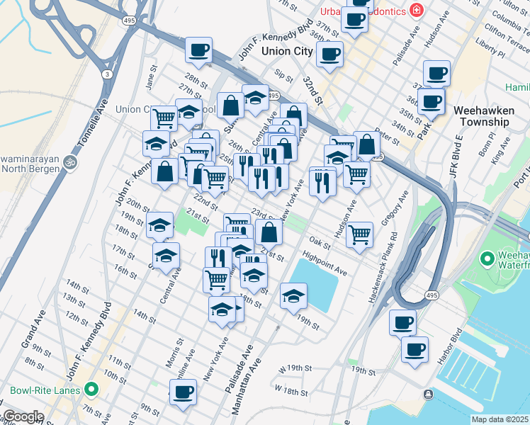 map of restaurants, bars, coffee shops, grocery stores, and more near 2302 Bergenline Avenue in Union City