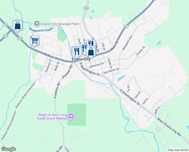 map of restaurants, bars, coffee shops, grocery stores, and more near 300 South Washington Street in Evans City