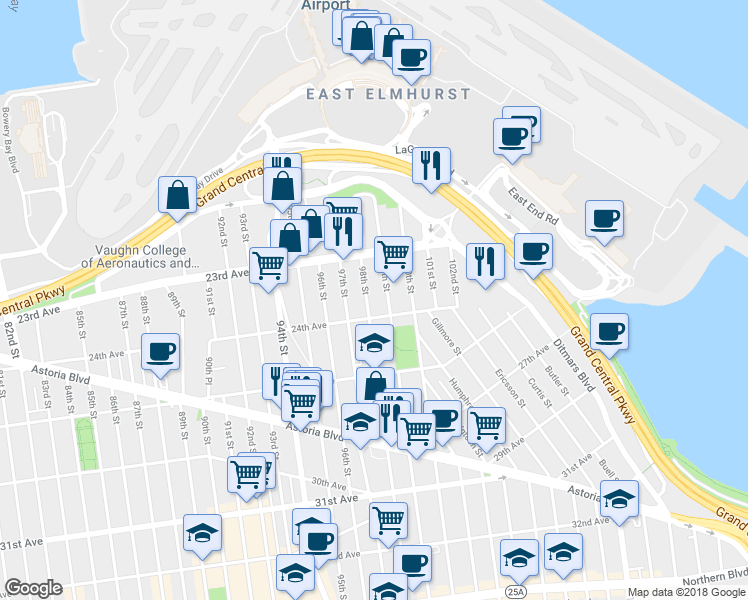 map of restaurants, bars, coffee shops, grocery stores, and more near 23-53 98th Street in Queens