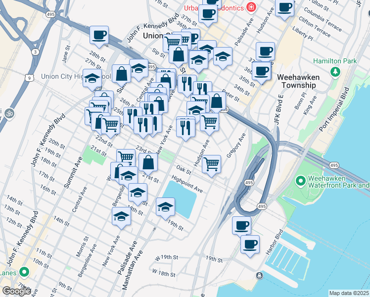 map of restaurants, bars, coffee shops, grocery stores, and more near 2410 Palisade Avenue in Weehawken