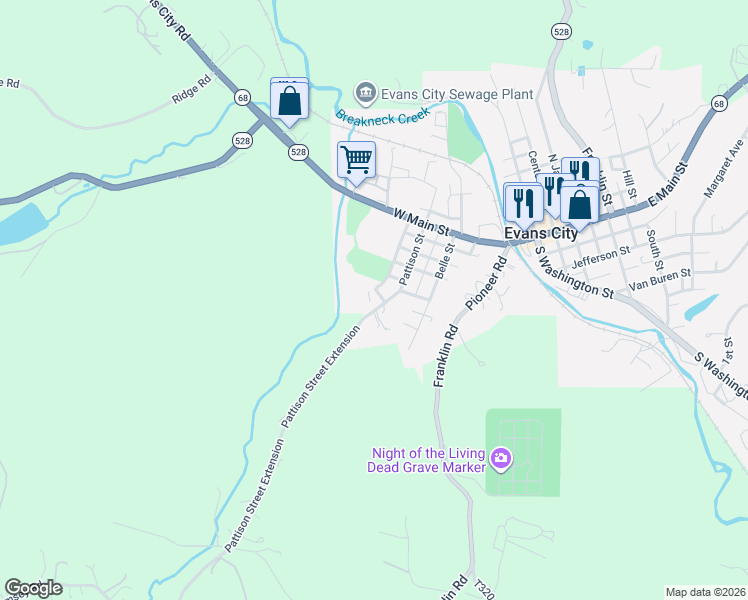 map of restaurants, bars, coffee shops, grocery stores, and more near 406 Pattison Street in Evans City