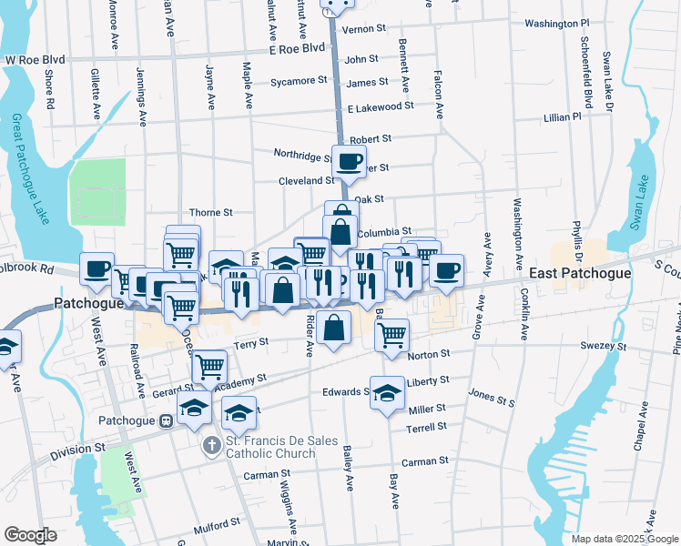 map of restaurants, bars, coffee shops, grocery stores, and more near 239 East Main Street in Patchogue