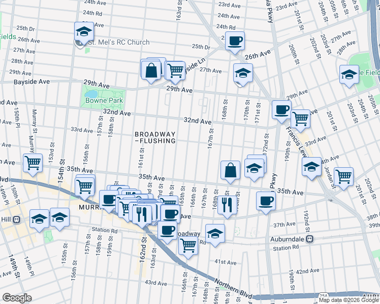 map of restaurants, bars, coffee shops, grocery stores, and more near 33-25 165th Street in Queens