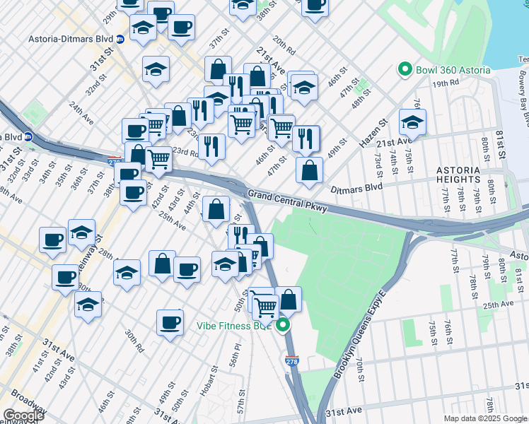map of restaurants, bars, coffee shops, grocery stores, and more near 23-23 48th Street in Queens