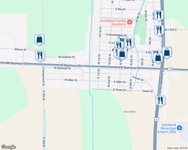 map of restaurants, bars, coffee shops, grocery stores, and more near 105 W Goss St in Kentland