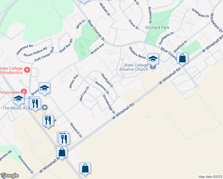 map of restaurants, bars, coffee shops, grocery stores, and more near 3104 Sheffield Drive in State College