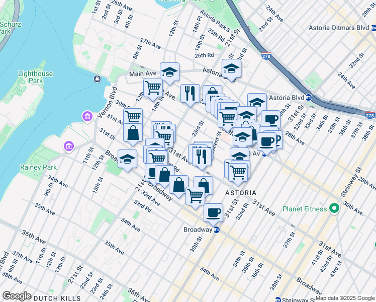 map of restaurants, bars, coffee shops, grocery stores, and more near 23-18 30th Drive in Queens
